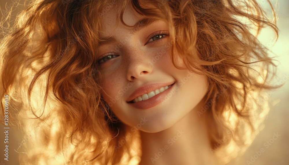 Naklejka premium Happy redhead woman, outdoor portrait, sunset, golden hour light, beauty