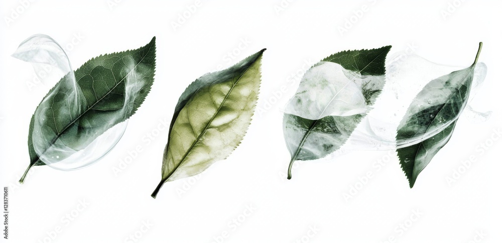 Obraz premium A collection of green tea leaves is shown against a plain white background