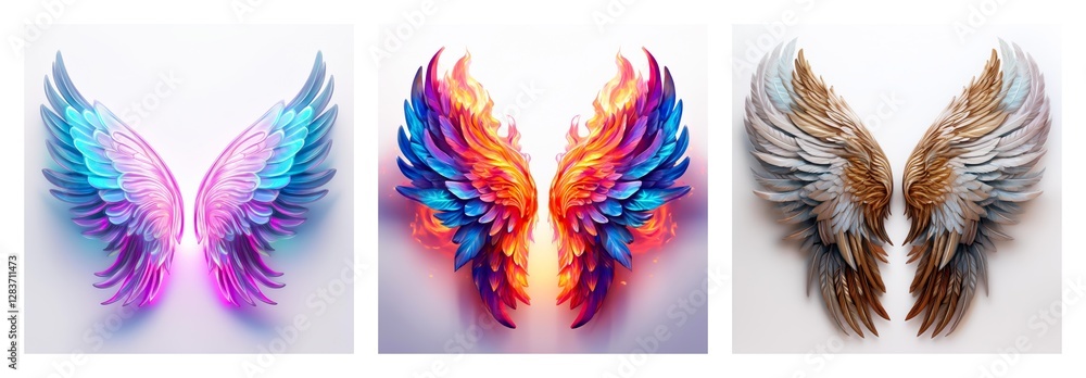 Isolated collection featuring three pairs of vibrant wings, each uniquely styled and colored, against a clean, stark white backdrop. Isolated collection featuring three pairs of vibrant wings, each uniquely styled and colored, against a clean, stark white backdrop.
