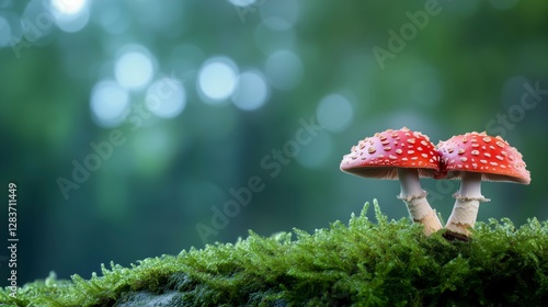 Two red mushrooms on a green mossy ground. Minimalistic background.