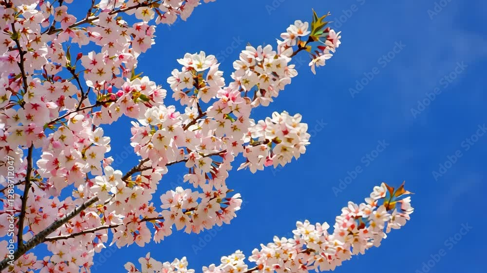 Pink cherry blossoms illuminate the clear blue sky in springtime garden Pink cherry blossoms illuminate the clear blue sky in springtime garden