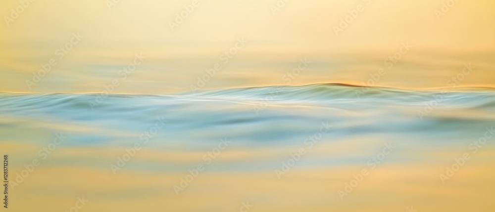 Fototapeta premium Softly blurred waves of water glide seamlessly, reflecting gentle golden hues under serene light.