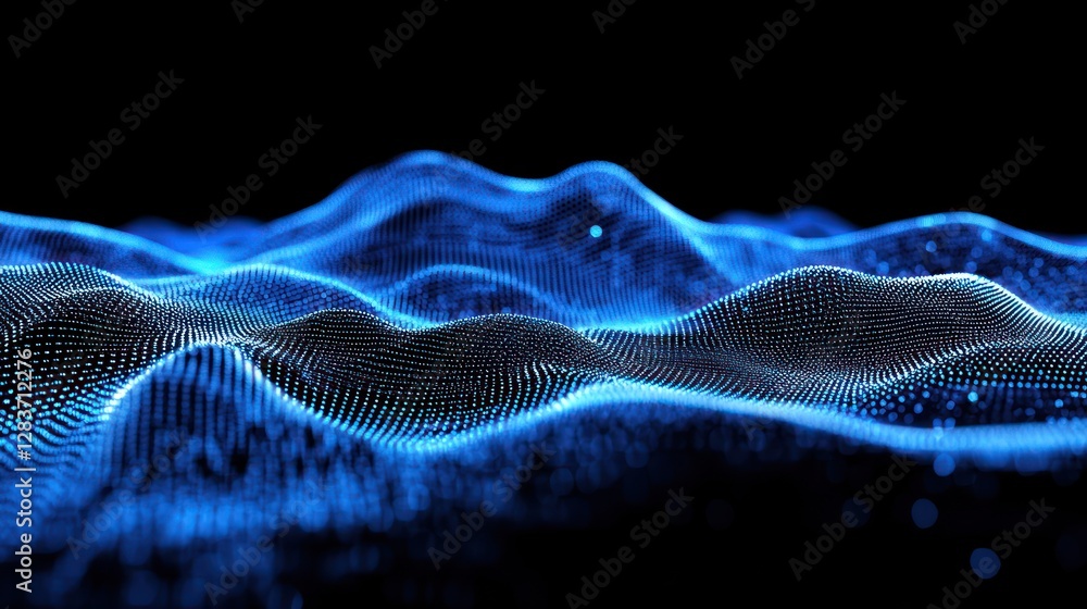 Abstract representation of blue digital waves undulating against a black background, evoking a sense of depth and movement Abstract representation of blue digital waves undulating against a black background, evoking a sense of depth and movement