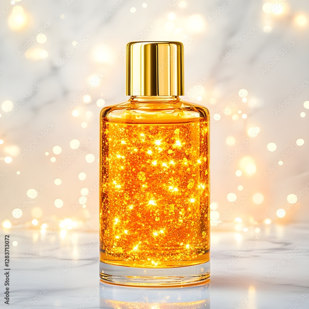 An ultra-premium face serum infused with 24K gold flakes, featuring a glowing golden liquid in a sleek glass bottle with soft bokeh lighting for a luxurious beauty aesthetic.