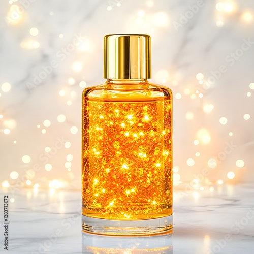 Obraz na płótnie An ultra-premium face serum infused with 24K gold flakes, featuring a glowing golden liquid in a sleek glass bottle with soft bokeh lighting for a luxurious beauty aesthetic. w salonie