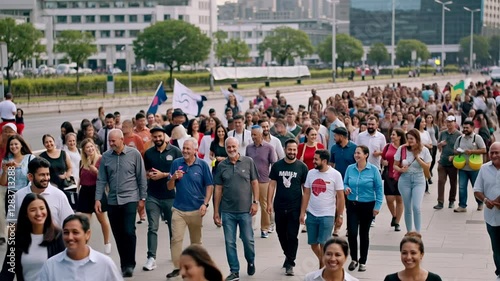 Wallpaper Mural A large crowd of people walk down a street in a demonstration, some of them with banners in hand. The scene is one of unity and solidarity, as people march together for a common cause. Torontodigital.ca