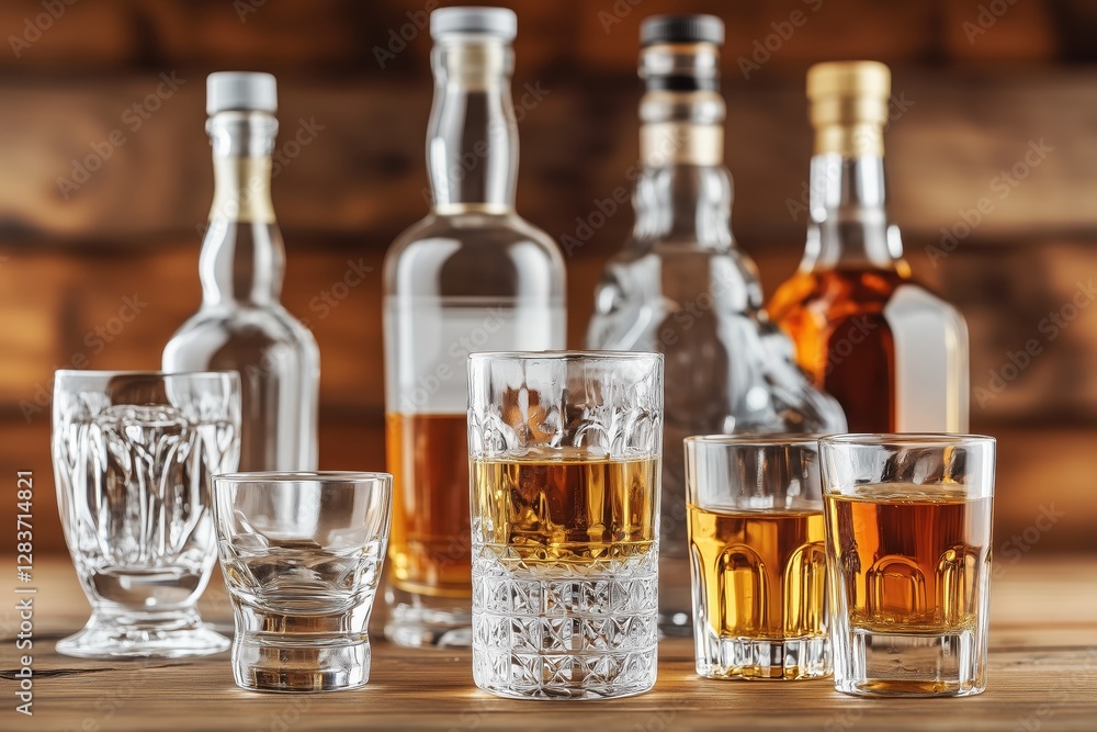 Whiskey Glasses on Wooden Table: A Collection of Fine Spirits Whiskey Glasses on Wooden Table: A Collection of Fine Spirits