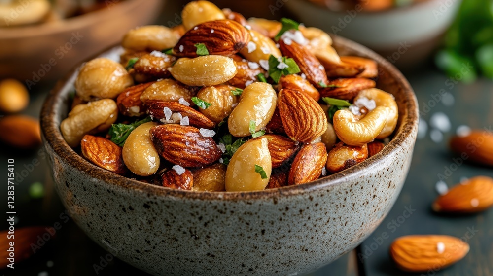 An elegant bowl showcasing a medley of nuts including almonds and cashews with sea salt, perfect for snacking or serving at gatherings with friends and family. An elegant bowl showcasing a medley of nuts including almonds and cashews with sea salt, perfect for snacking or serving at gatherings with friends and family.