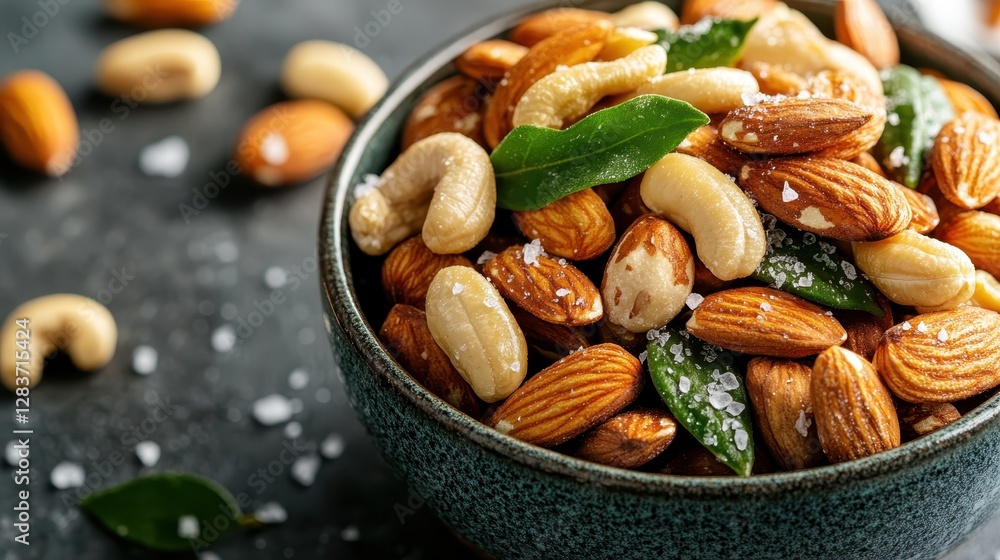 A stylish bowl filled with an assortment of roasted nuts, featuring a delightful combination of almonds and cashews, perfect for sharing at gatherings or personal enjoyment. A stylish bowl filled with an assortment of roasted nuts, featuring a delightful combination of almonds and cashews, perfect for sharing at gatherings or personal enjoyment.