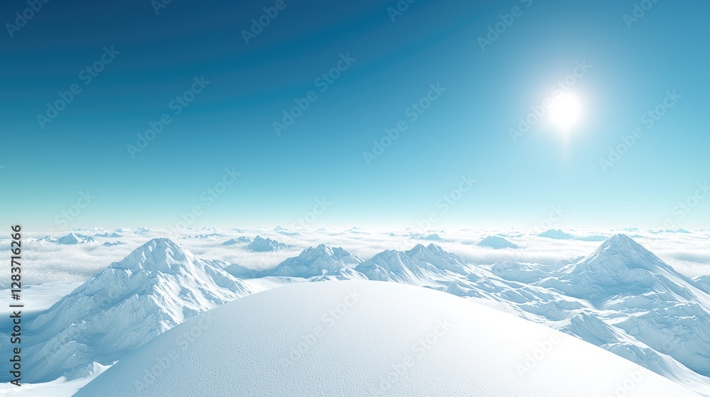Snowy mountain range, sunlit peaks, cloudscape, aerial view, winter landscape, travel poster Snowy mountain range, sunlit peaks, cloudscape, aerial view, winter landscape, travel poster