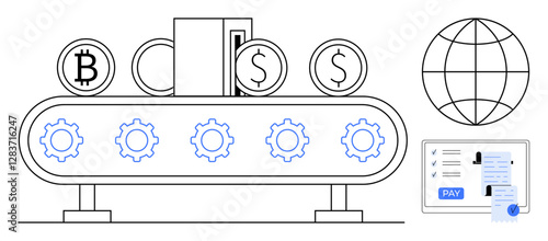 Bitcoin, credit card, and dollar symbols on a conveyor belt with gears, a globe, and a payment receipt. Ideal for finance, technology, automation, cryptocurrency global transactions digital