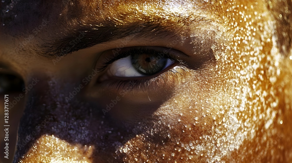Close-up of a person's eye with glistening skin, reflecting sunlight, evoking a sense of warmth and vitality Close-up of a person's eye with glistening skin, reflecting sunlight, evoking a sense of warmth and vitality