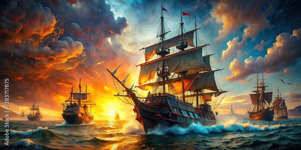 Fototapeta premium Epic Clash of Pirate Ships on the Open Sea
