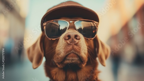 This cool dog wearing stylish sunglasses and a cap lounges outdoors, showcasing a fun attitude and a relaxed lifestyle that resonates with pet lovers and outdoor enthusiasts. photo