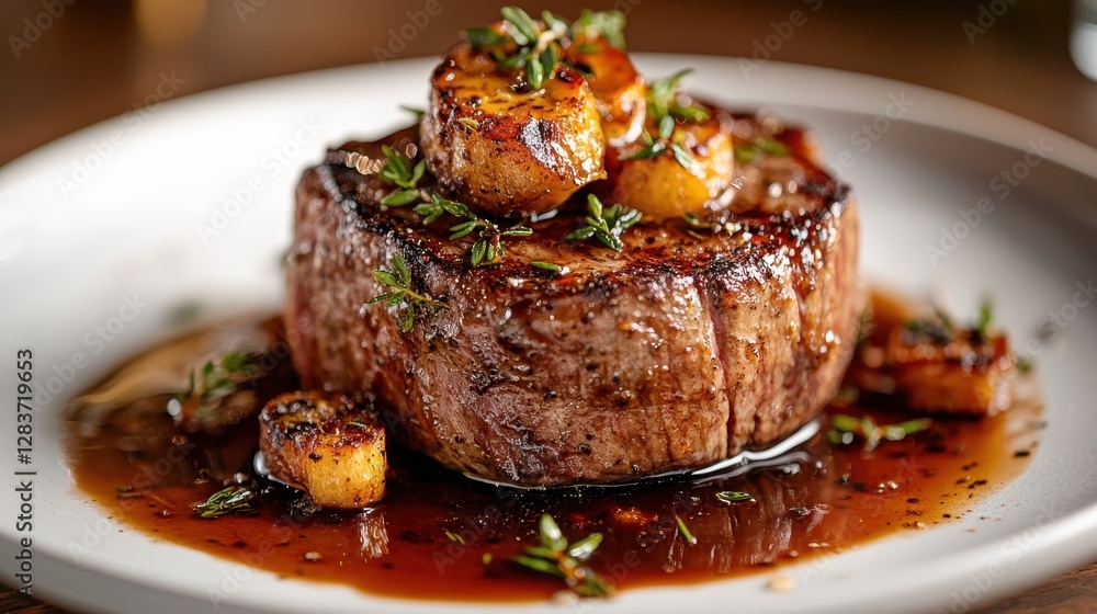 A succulent beef tenderloin filet cooked to perfection, topped with seared scallops and fresh herbs, served on a plate that promises a mouthwatering dining experience. A succulent beef tenderloin filet cooked to perfection, topped with seared scallops and fresh herbs, served on a plate that promises a mouthwatering dining experience.