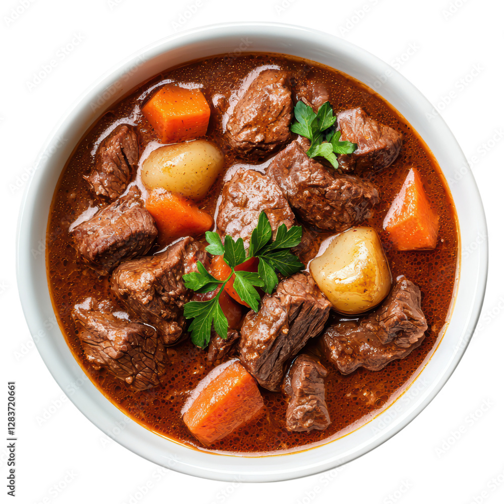 Hearty beef stew with vegetables in bowl , Food, isolated on transparent background Hearty beef stew with vegetables in bowl , Food, isolated on transparent background