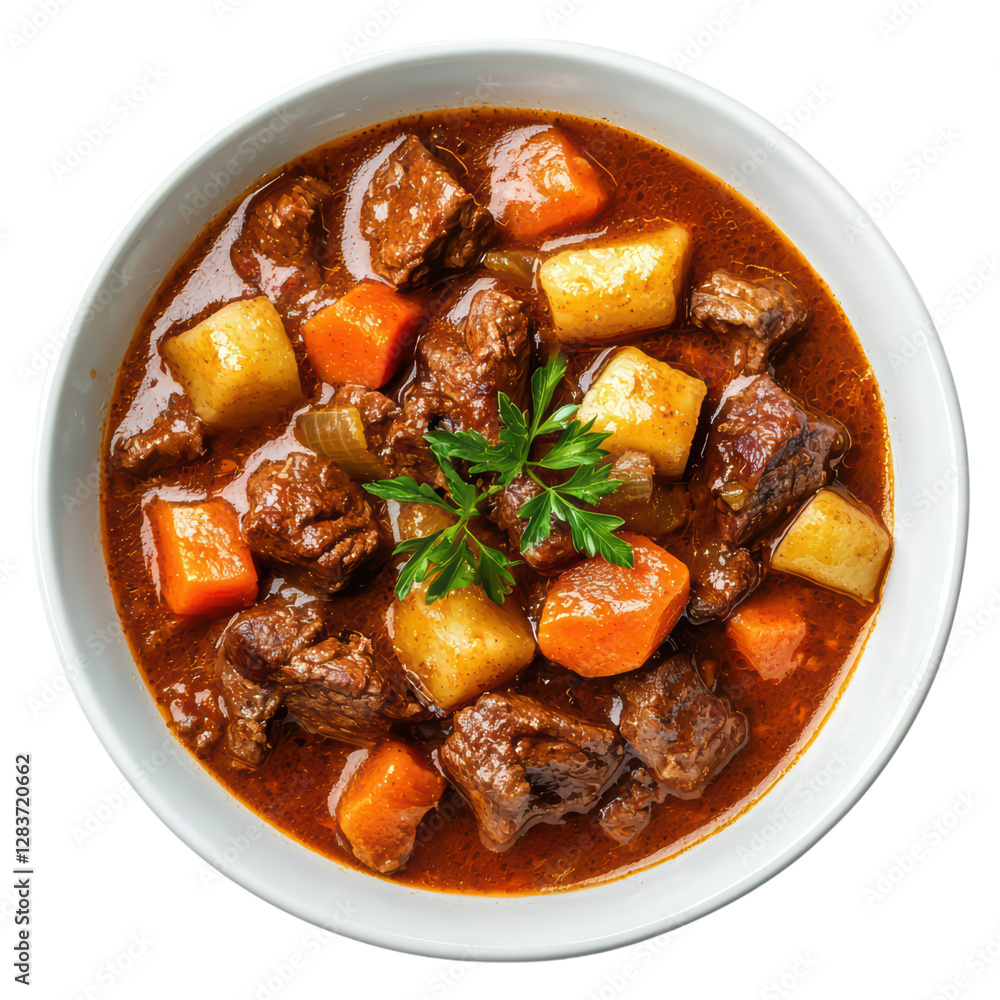 Hearty beef stew with vegetables in bowl , Food, isolated on transparent background Hearty beef stew with vegetables in bowl , Food, isolated on transparent background