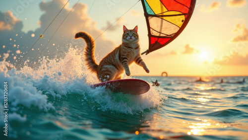 A multicolored kite-surfing cat against a sunset.