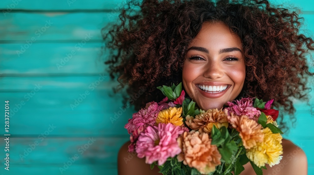 A smiling woman with curly hair poses amidst a vibrant arrangement of colorful flowers, symbolizing joy, beauty, and the essence of nature. A smiling woman with curly hair poses amidst a vibrant arrangement of colorful flowers, symbolizing joy, beauty, and the essence of nature.