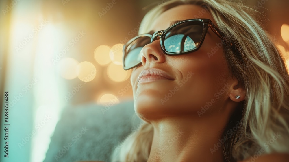 A serene young woman wearing sunglasses enjoys a moment of relaxation as sunlight creates a warm, inviting atmosphere around her, highlighting her peaceful demeanor. A serene young woman wearing sunglasses enjoys a moment of relaxation as sunlight creates a warm, inviting atmosphere around her, highlighting her peaceful demeanor.