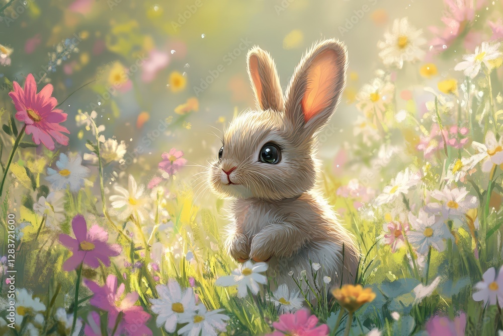 Cute bunny in a colorful flower field springtime joy Cute bunny in a colorful flower field springtime joy