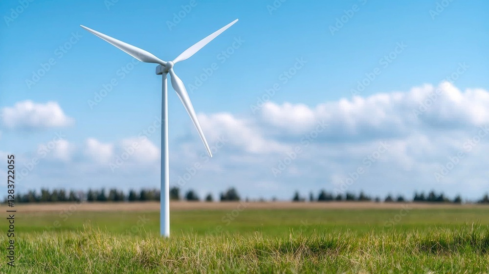 Isolated wind turbine in grassy field under partly cloudy sky. Possible use Stock photo Isolated wind turbine in grassy field under partly cloudy sky. Possible use Stock photo
