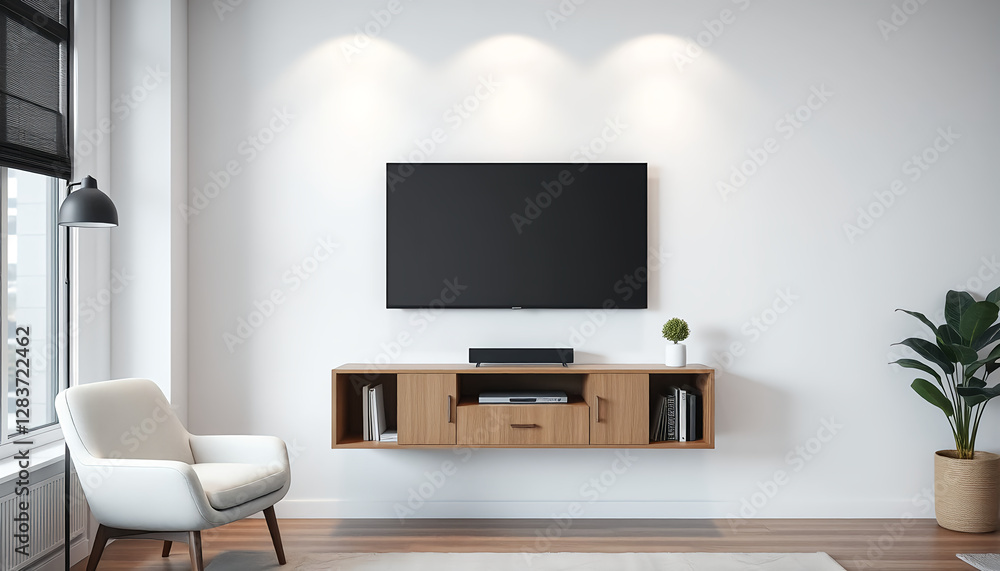 Modern Living Room with Minimalist Decor and Wall-Mounted Television Modern Living Room with Minimalist Decor and Wall-Mounted Television