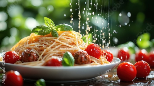 Spaghetti and meatballs, water droplets, outdoor garden setting photo