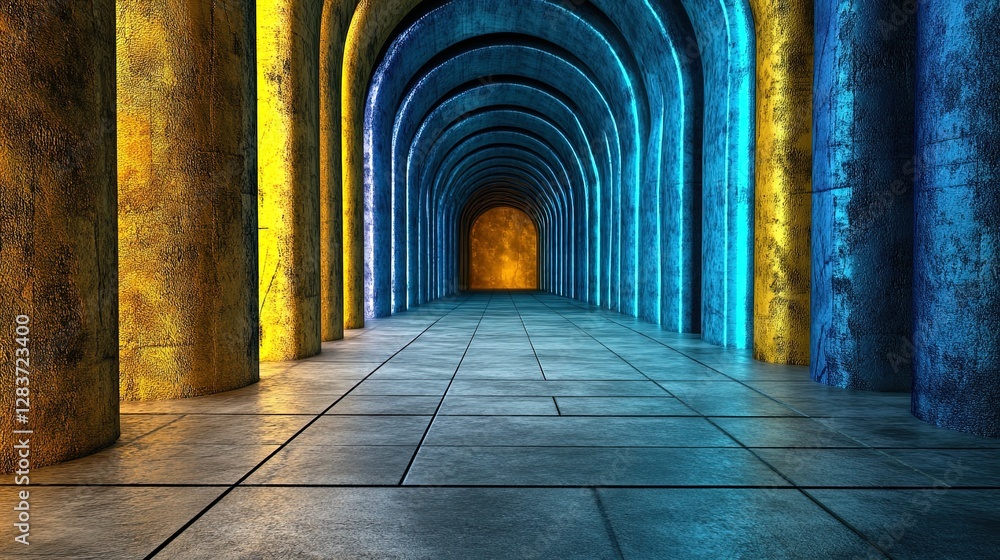 Fototapeta premium Vibrant Tunnel with Colorful Arches and Illuminated Pathway