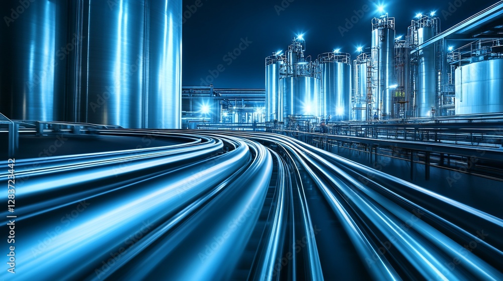 Fototapeta premium Night industrial plant, glowing pipelines, motion blur