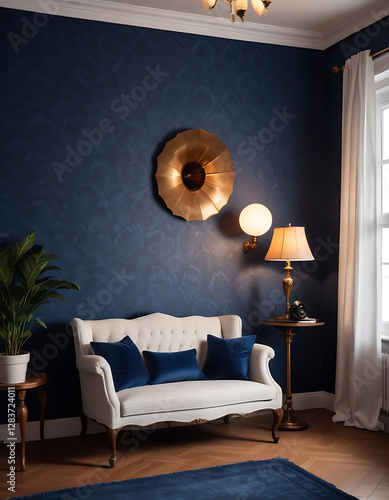 Elegant dark-themed living room with deep blue accents.