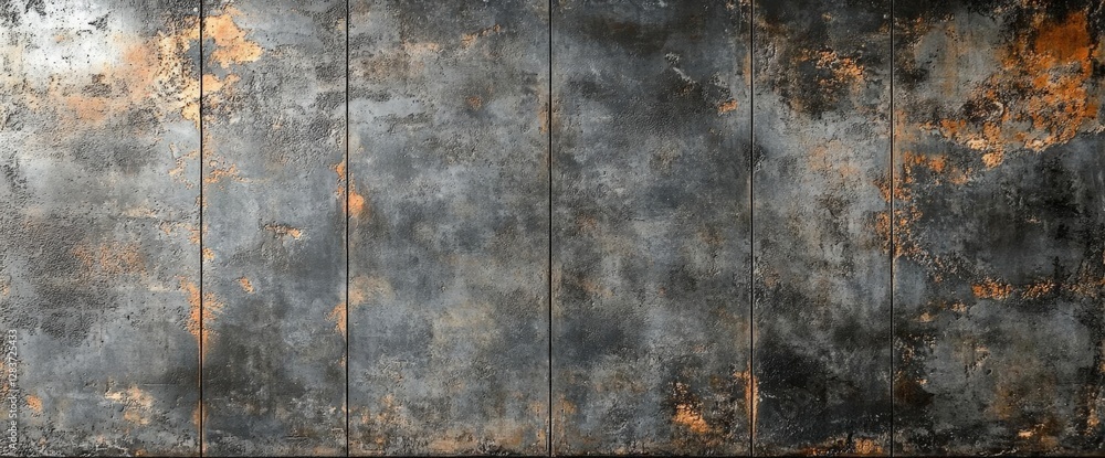 Fototapeta Distressed Metallic Panels with Rust and Dark Grime a Striking Textured Background with Vertical Planks and Industrial Weathering