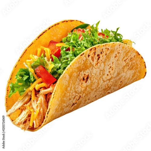 Tasty chicken taco with fresh top and vibrant, Food, isolated on transparent background