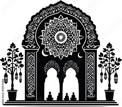 Islamic Arch Ornament with Arabic Mandala and Silhouettes of Worshipers