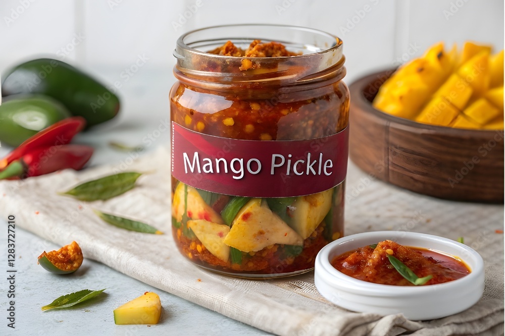 Spicy mango pickle jar with sliced mangoes and green chilies on a kitchen table Spicy mango pickle jar with sliced mangoes and green chilies on a kitchen table