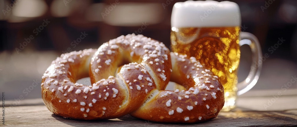 A golden brown pretzel and a gleaming beer mug create a classic pairing on a wooden surface in warm, inviting lighting. A golden brown pretzel and a gleaming beer mug create a classic pairing on a wooden surface in warm, inviting lighting.
