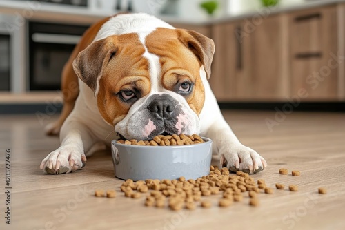 A bulldog lies on a kitchen floor, intently eating kibble from a gray bowl, some spilled around.