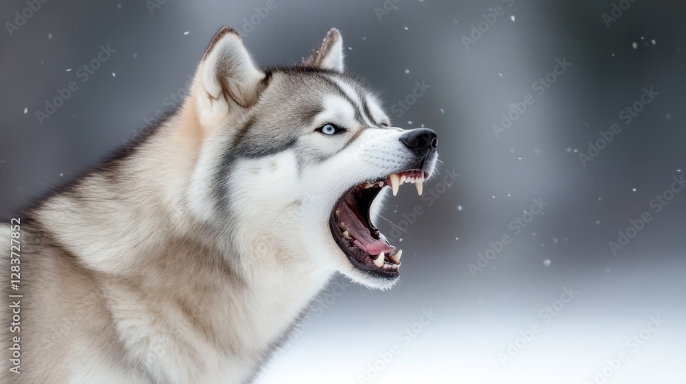 Gray and white husky dog with open mouth baring teeth in snowy setting. Gray and white husky dog with open mouth baring teeth in snowy setting.