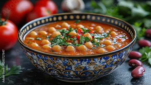 Spicy Chickpea Soup in Ornate Bowl, Kitchen Scene photo