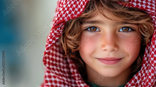 Smiling young boy with curly hair wearing traditional red and white headscarf, showcasing youthful innocence and cultural heritage in outdoor setting photo