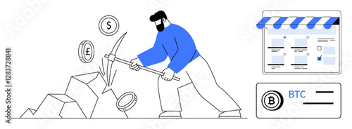 Person mining Bitcoin, Dollar, and Euro with pickaxe, near an e-commerce storefront icon displaying webpage. Ideal for cryptocurrency, blockchain, e-commerce, digital transactions, investments