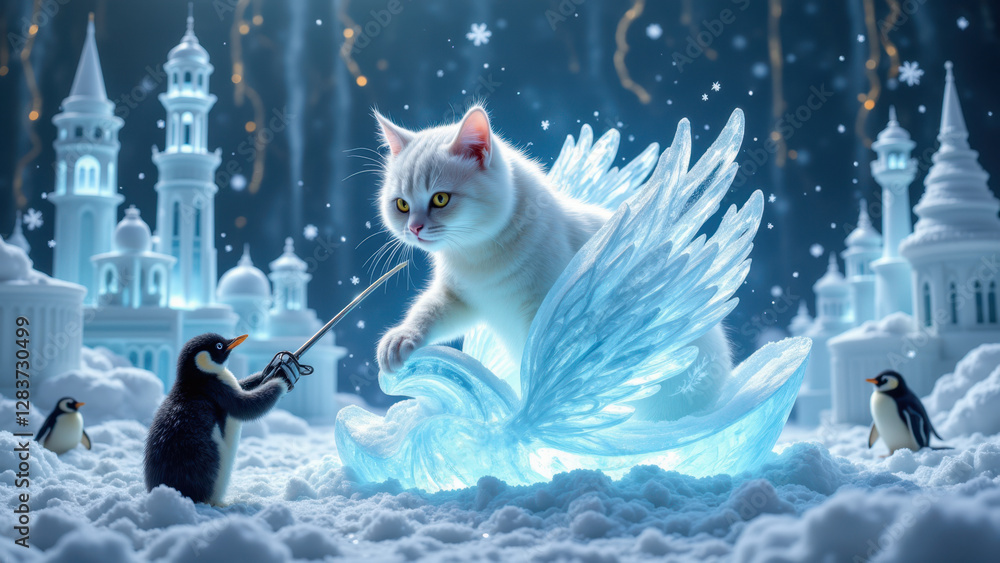 Obraz premium Cat on throne with magical blue aura surrounded by snowy castle and penguins.