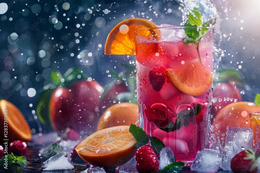 Refreshing Fruit Cocktail with Berries and Citrus Splashing Water Refreshing Fruit Cocktail with Berries and Citrus Splashing Water
