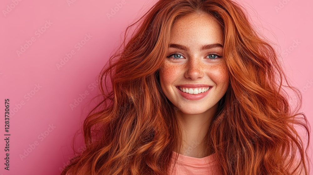 An enchanting redhead with expressive eyes and full lips smiles warmly at the camera, set against a soft pink background that enhances her vibrant beauty. An enchanting redhead with expressive eyes and full lips smiles warmly at the camera, set against a soft pink background that enhances her vibrant beauty.