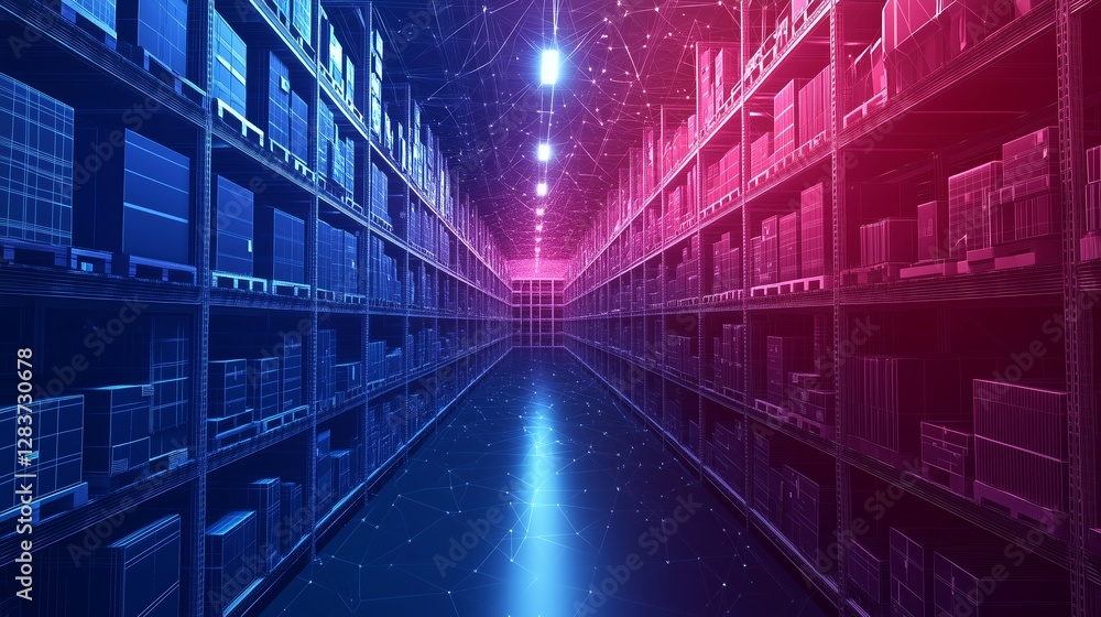 Obraz premium Retail warehouse with shelves of packages, dark blue background, low poly wireframe lines, and clean lines focusing on copy space.