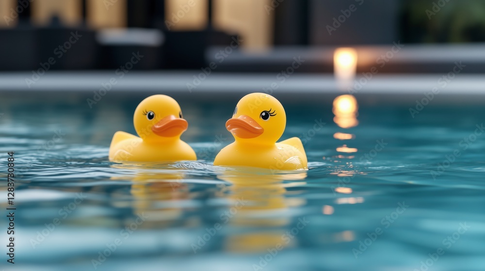 Two rubber ducks are floating in a pool Two rubber ducks are floating in a pool