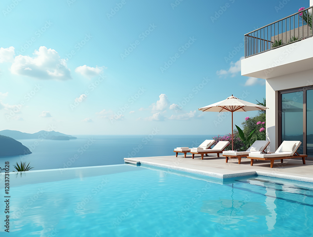 Fototapeta premium Terrace in villa with sunbeds and swimming pool with clear blue water with stunning sea view and sky. Summer resort hotel vacation concept.