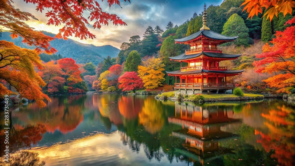Obraz premium Pagoda's autumn hues mirrored in glassy water.