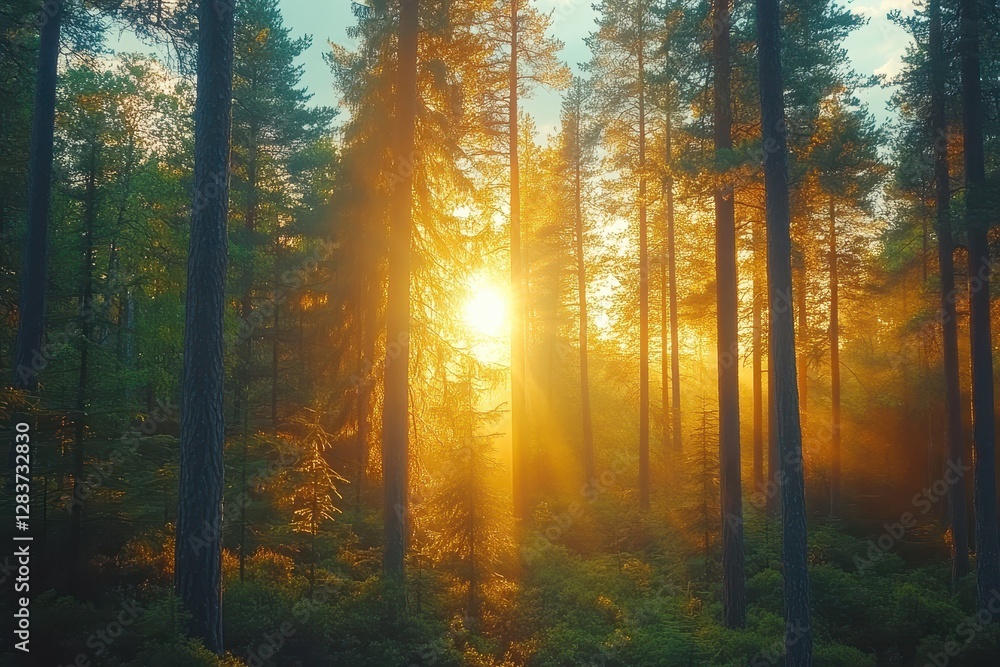 Obraz premium Golden Sunrise Forest Rays Light Trees Nature Woods,