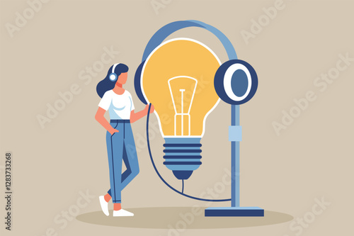 Ideas that motivate. Woman listening to a podcast with a lightbulb idea, representing inspiration, career development, and self-improvement.